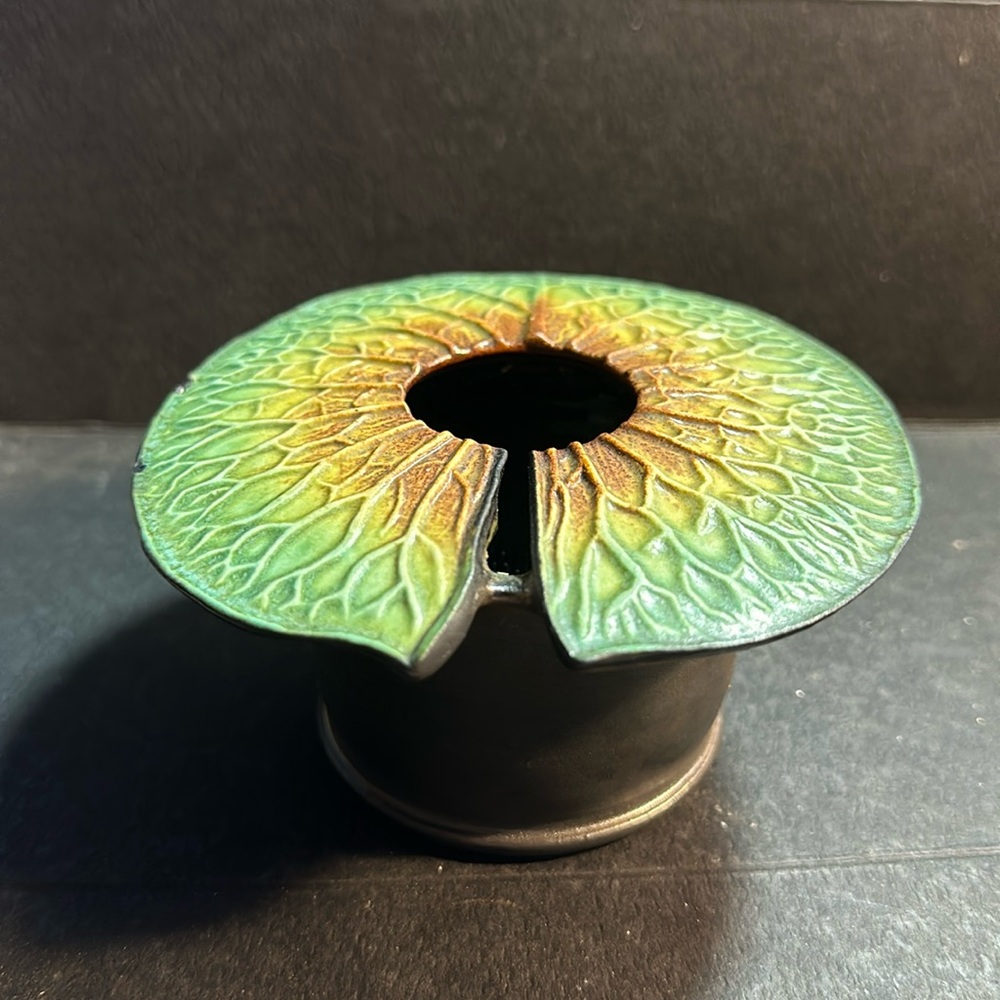 Unique Green Pottery Ikebana Lily Pad w/Copper Tone Base Signed Jonathan Bullock